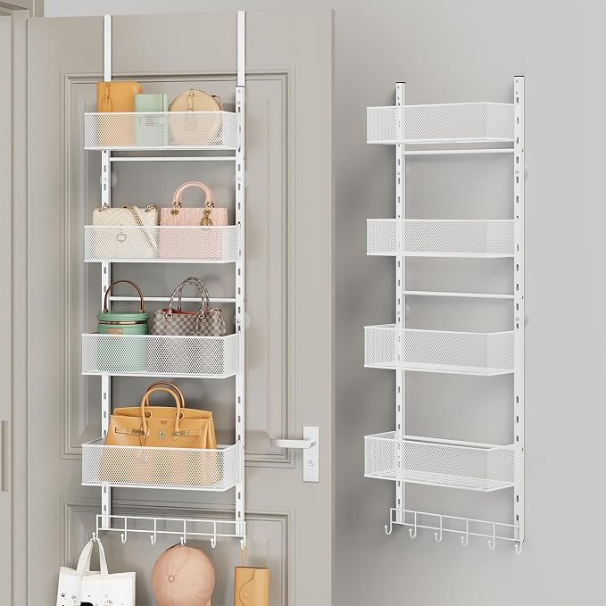 SWTYMIKI Over the Door Purse Organizer - Wall Mounted Purse Rack with 4 Adjustable Metal Basket and 6 Hooks, Hanging Bag Rack for Handbag Organizer, Bag Storage Can Use As 1/2 Part, for Door