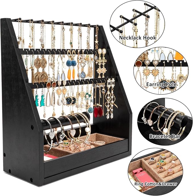 DGWJSU Earring Organizer, 5 Layer Earring Holder Organizer with Necklace Holder, Rustic Wood Jewelry Organizer Stand Display for Stud Earring Bracelet Necklace Ring, Watches
