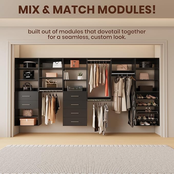 ROOMTEC Modular Closet System, 72" Wall-Mounted Closet Organizer with Hanging Rods, Modern Wooden Tower for Walk-In Closets, Wardrobe Storage Kit, Black