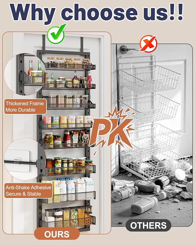 8 Tier Pantry Door Organizer, 2 IN 1 Over the Door Pantry Organizer with Metal Adjustable Baskets,Spice Rack Wall Mount or Door Organizer, Door Spice Rack for Pantry