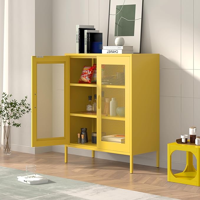 Ustamio Yellow Metal Storage Cabinet with Mesh Doors, Office Metal Locker Cabinet, Metal Display Cabinet with 2 Adjustable Shelves for Home, Office, Kitchen