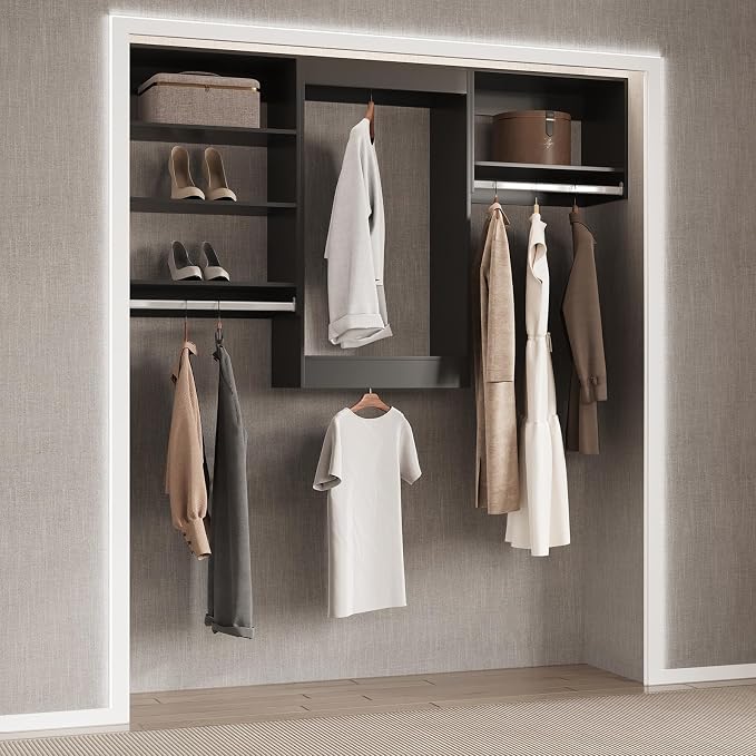 Modular Closet, 66" Wide Organizer with Hanging Shelves, Wood Tower Closet Storage, Wall-Mounted Wardrobe Organizer Kit in Black