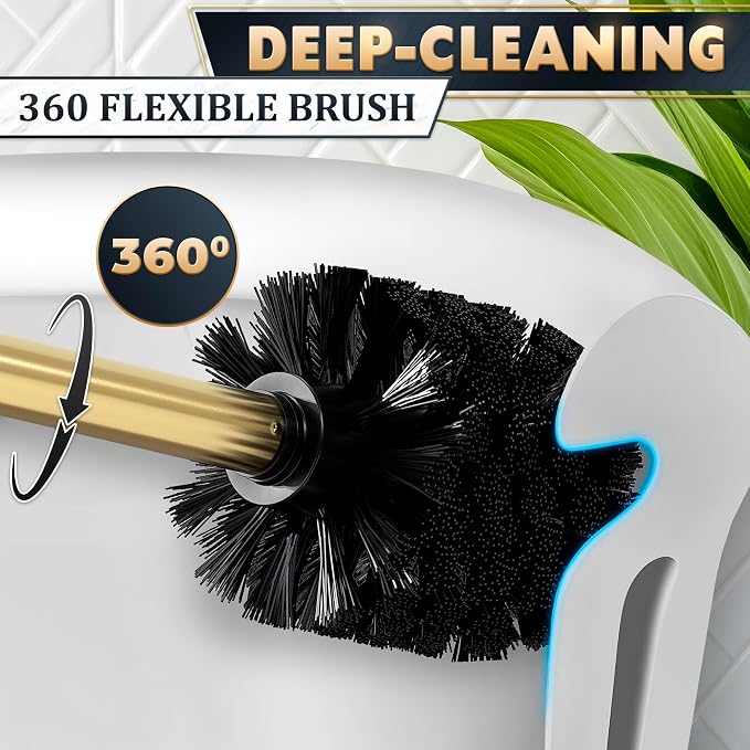 Wall Mounted Toilet Brush and Holder Set, Stainless Steel (Gold) | Wall Mount Toilet Brush Cleaner and Holder Set, Rust & Corrosion Resistant, Splash Guard, Dense Bristles, for Bathroom Decor