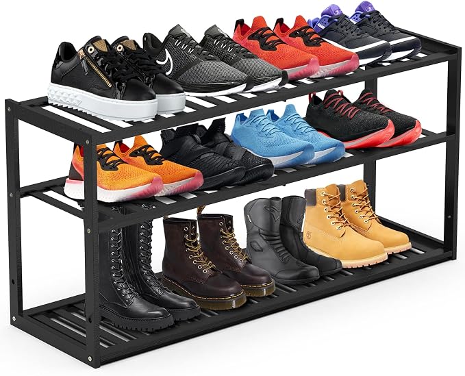 Jripae 3 Tier 32.5inch Long Bamboo Shoe Rack for Entryway Closet Garage | 3 Tier Stackable Shoe Shelf Holder for Men/Women Hallway/Berdroom, Bookshelf, Flower Rack, Home Space Saving