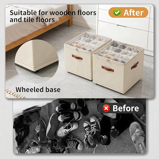 2 Pack Shoe storage Organizer for closet with wheels,No Assemble Required Shoe boxes with premium waterproof material，Adjustable Dividers Fits 32 Pairs,shoe Storage Bins with Reinforced Handle