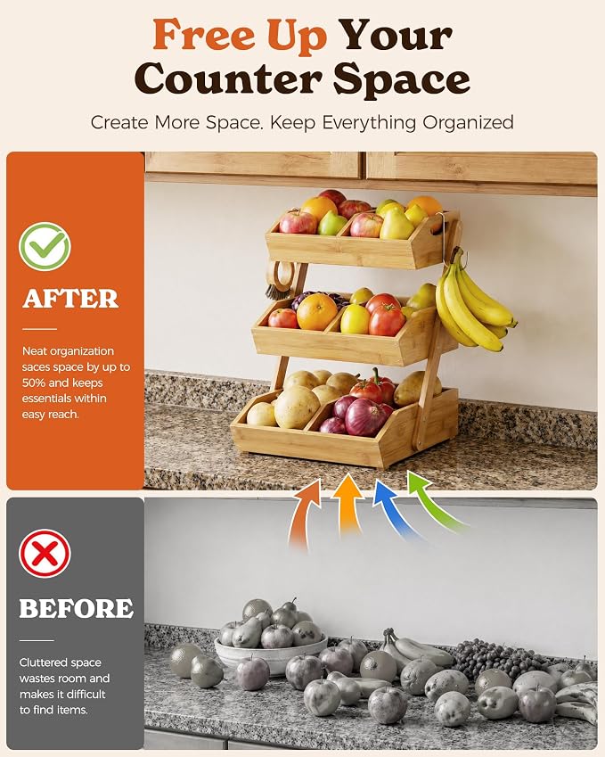 Sevenblue 3-Tier Bamboo Fruit Basket with 2 Banana Holders | Large tiered organizer for bread, snacks, veggies. Sturdy bamboo, includes mats & dividers. Easy to assemble.