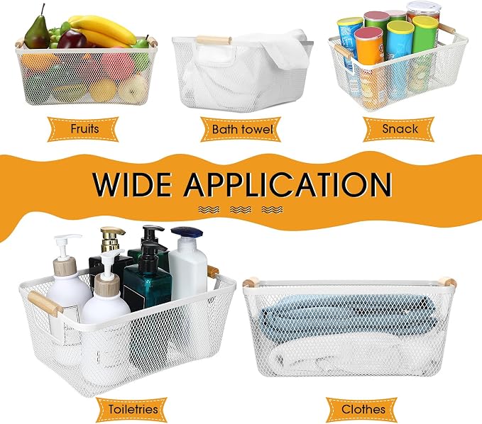 Ziliny 4 Pcs Metal Wire Basket with Wooden Handles Mesh Steel Storage Organizer Bin Containers for Home Organizing Cabinet Pantry Closet Kitchen Fridge Fruit Makeup Snacks Gifts(Small,Cream White)