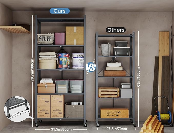 ALANNG 70.7" H Metal Storage Shelves, 5 Tier Folding Shelf on Wheels | Heavy Duty, No Assembly, Rolling, Collapsible Rack Unit for Kitchen, Basement, Pantry (Gray,2 Pack)