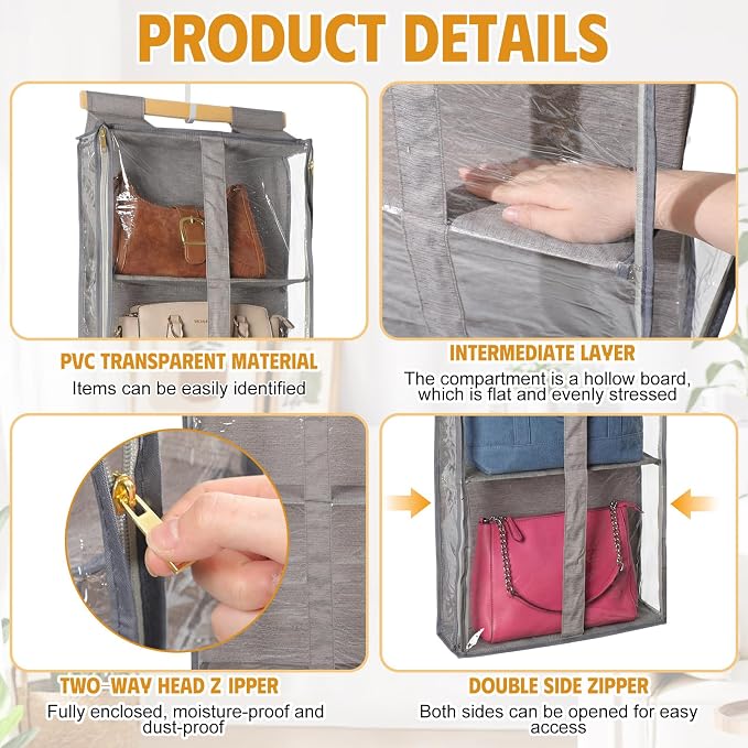 Silkfly 2 Pack Hanging Purse Organizer with Zipper for Closet Handbag Storage PVC Mesh Shelves with 4 Pockets for Bedroom Door Wardrobe Shelf Rack Space Saving(Brown)