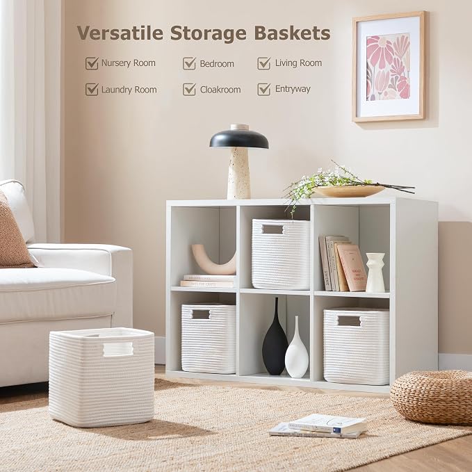 UBBCARE Set of 4 Cotton Rope Basket 12 X 12 X 12 Inches, Woven Storage Baskets for Shelves, Organizing with Handles, Cube Storage Bins for Storage Books, Magazines, White