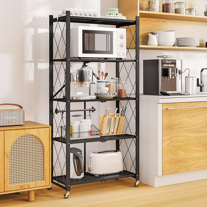 5-Tier Folding Metal Storage Rack - 63" Heavy-Duty Steel Frame with Wheels, No Assembly Utility Organizer, Rolling Shelving Unit for Kitchen, Garage, Pantry, Bedroom (Black, 5 Tier)