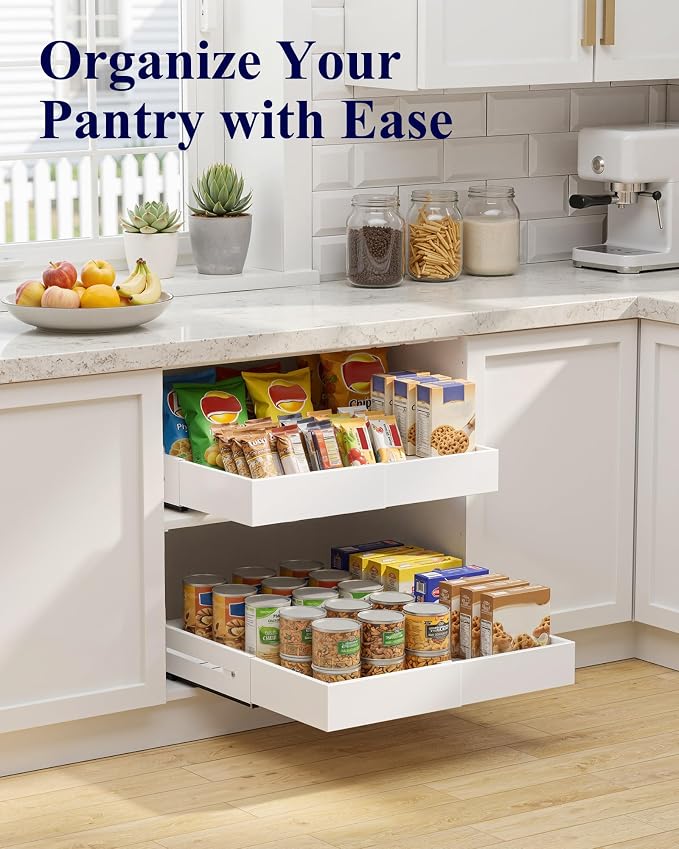 Kitsure Pull Out Cabinet Organizer - 2 Pack(12.6"-20.5" D x 12"-20.4" W) Expandable Sliding Cabinet Shelves, Smooth Glide Drawer Organizer, Kitchen & Pantry Storage, Framed & Frameless Cabinets