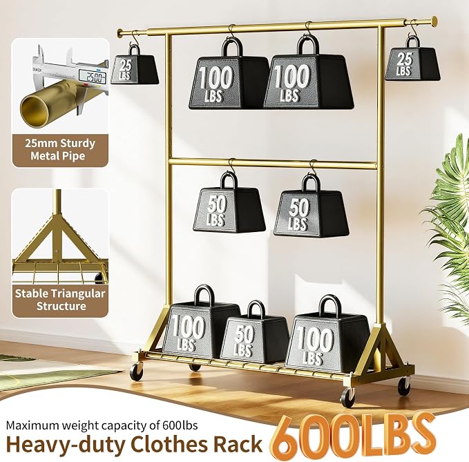 Luxspire Heavy Duty Clothes Rack Load 600 LBS, Double Rod Clothing Rack, Rolling Garment Racks with Lockable Wheels, Shelves, Adjustable Laundry Hanging Racks for Clothes, Gold