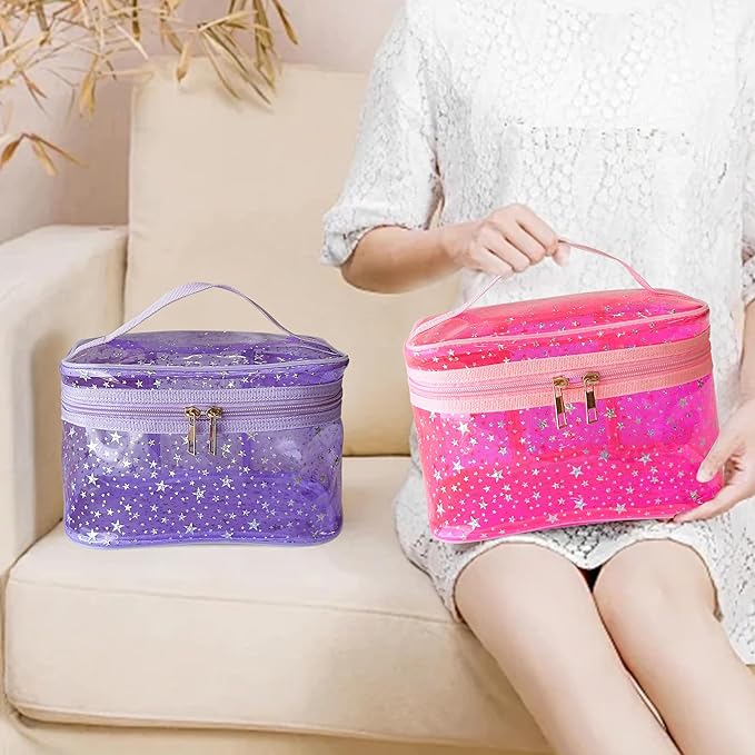 White Star Print PVC Makeup Bag with Handle - 8.66 * 5.51 * 5.51 inch,Clear Storage Bag Toiletry Pocket Portable Zippered Pouch Waterproof Cosmetic Organizer Bags for Women (White-L)