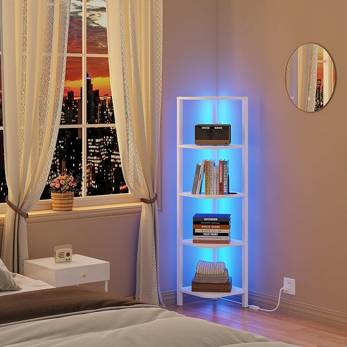 TUTOTAK Corner Shelf with LED Light, 5-Tier Corner Bookshelf for Small Space, Narrow Display Corner Shelf Stand with Storage Rack, for Living Room, Bedroom, White BS08BW005L