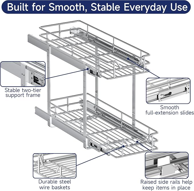 2-Tier Pull Out Cabinet Organizer, 10.5" W x 18" D, Heavy Duty Dual Slide Out Shelves for Narrow Base Cabinets, Chrome Wire Basket Drawer for Spices, Bottles & Snacks