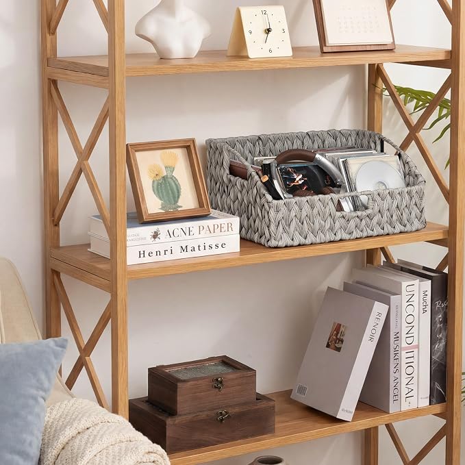 GRANNY SAYS Wicker Storage Basket for Shelves, Large Wicker Baskets with Handles, Trapezoid Woven Basket for Storage, Decorative Baskets for Gifts Empty, Gray
