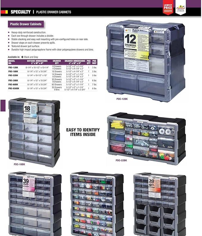 Quantum Storage Systems PDC-930BK 39 Drawers 9 Bins Cabinet Part Organizer 19" H x 15" W x 7" D