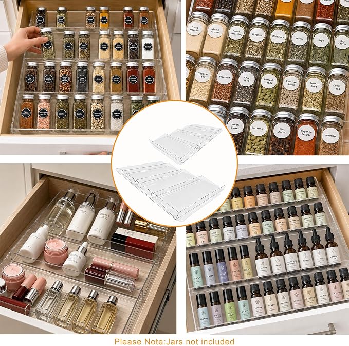 Spice Drawer Organizer,4 Tier Clear Acrylic Spice Rack for Drawer | Expandable 12" to 23", Seasoning Organizer Tray for Kitchen Drawer,Keep Spice Labels Visible and Easy to Grab,Organizer Only