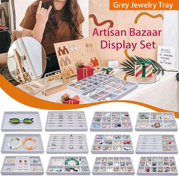 12 Set Jewelry Tray Velvet Jewelry Drawer Organizer Necklace Bracelet Display Tray for Earring, Ring, Brooch, Watch