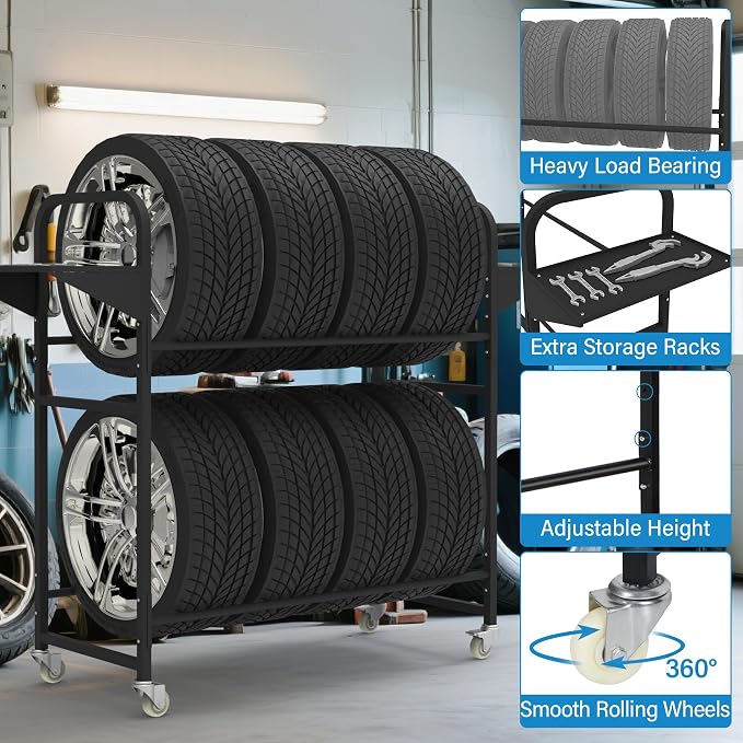 Tire Storage Rack 44" x 44" x 18" with Anti-Dust Cover | Rolling Adjustable Black Alloy Steel Tire Rack for Garage with 4 Swivel Casters & 2 Storage Shelves
