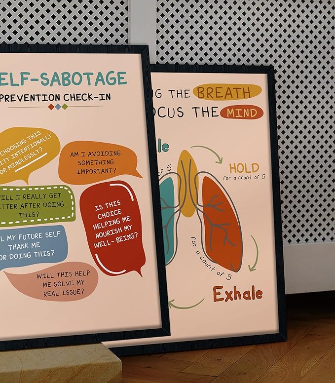 LOLUIS Mental Health Poster, Boho Therapy Tools Educational Supplies Art Print Classroom School Office Decor (Self-Sabotage Prevention Check-in, Custom Frame Type)