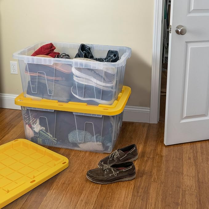 CX BLACK & YELLOW 27-Gallon Heavy Duty Clear Stackable Storage Bins with Lids, Dorm Room Essentials, Dorm Storage, Moving Boxes, Back to School, Classroom Organization, Home Organization, 2 Pack (14.3H x 20.6W x 30.6D)