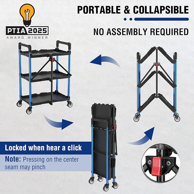 WORKPRO 3-Tier Collapsible Service Cart, Black/Blue, 210 LBS Foldable Utility Cart with Wheels, Portable Rolling Tool Cart for Garage, Warehouse, Home, Restaurant and Office (No Assembly Required)