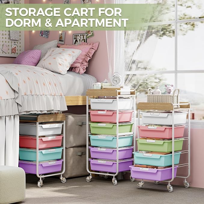 SYKIARIOL Utility Cart with 5 Labeling Drawers and Wooden Tabletop – Rolling Storage Cart for Crafters, Artists, Kids, Teachers, and Students – Organize Arts, Crafts, Sewing & Study Supplies