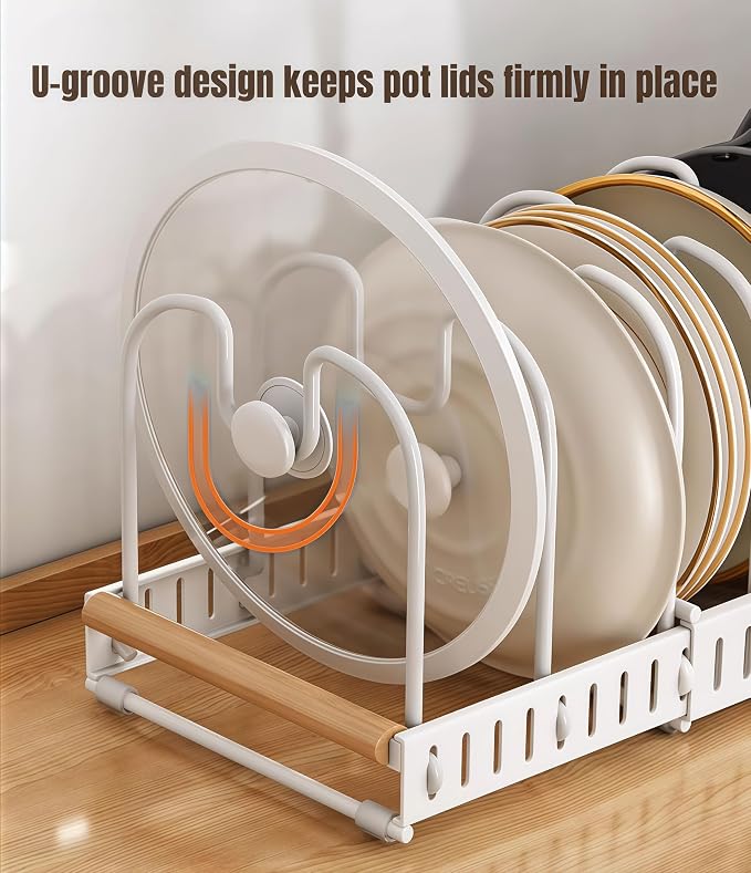 Pots and Pans Organizer Rack for under Cabinet, Expandable 12.2''-22.64'' Pot Lid Kitchen Cabinet Organizer Holder with 7 Adjustable Compartment Cutting Board Organizer for Pan Lid, Bakeware