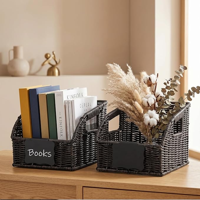 Brownlily Wicker Pantry Storage Baskets with Chalkboard,Handwoven Baskets for Organizing with Built-in Handles, All-Purpose Storage Baskets for Shelves, Laundry Room, Black - Single Set (3-Piece)