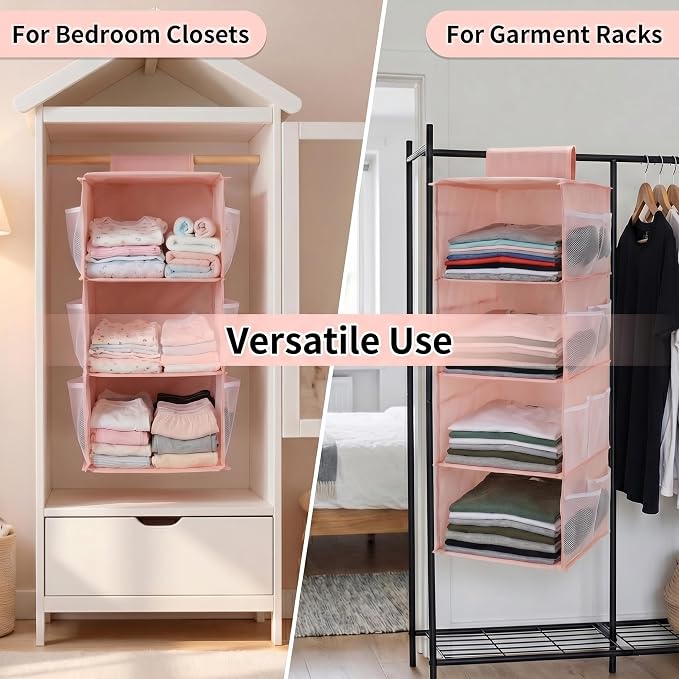 4-Shelf Closet Hanging Organizer Foldable Hanging Storage Shelves with Strong Magic Tapes Space-Saving Wardrobe Hanging Shelf for Clothes Towels Accessories Pink