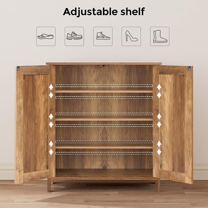 Homleke Farmhouse Shoe Cabinet with 2 Barn Doors & Wood Legs, 5-Tier Shoe Storage Cabinet with 3 Adjustable Shelves, Tall Shoe Rack Organizer for Closet, Shoe Organizer for Entryway, Rustic Walnut