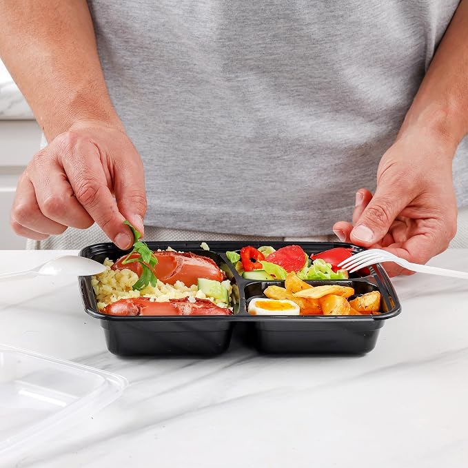 GUSTO 24 oz - 3 Compartment Meal Prep Containers with Lids – [50 Count] Reusable, Microwaveable, Dishwasher & Freezer Safe, BPA-Free Food Storage Boxes for Portion Control (Formerly Comfy Package)