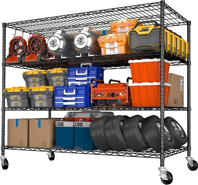 Heavy Duty Garage Shelving with Wheels: 55.5" W x 24" D x 81" H 4 Tier Wire Metal Storage Shelves, Adjustable NSF Commercial Shelf, Rolling Tote Rack Organizer for Pantry, Warehouse, Black