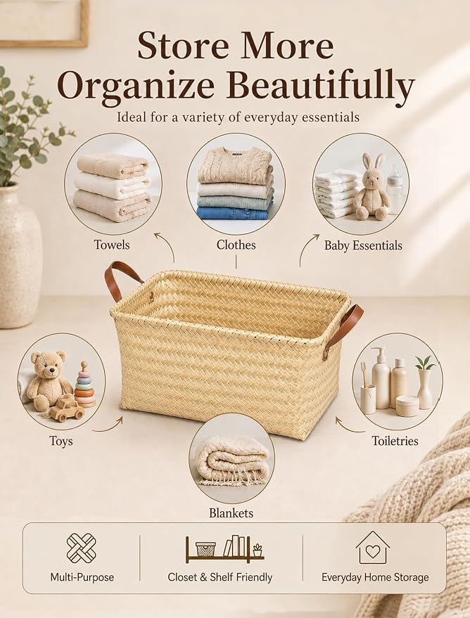 Hand Woven Baskets for Storage, 4Pcs Water-Resistant Wicker Baskets, Yellow Wicker Storage Baskets for Shelves, Large Basket with Handle for Organizing, Clothes, Laundry, Blanket - Rectangular