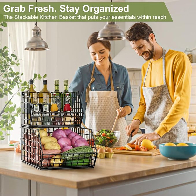 2-Tier Potato and Onion Storage Bin, Stackable Wire Baskets for Countertop | Large Fruit and Vegetable Storage, Wall-Mount Kitchen Pantry Organizer with Ventilated Mesh to Keep Produce Fresh for Cabinet