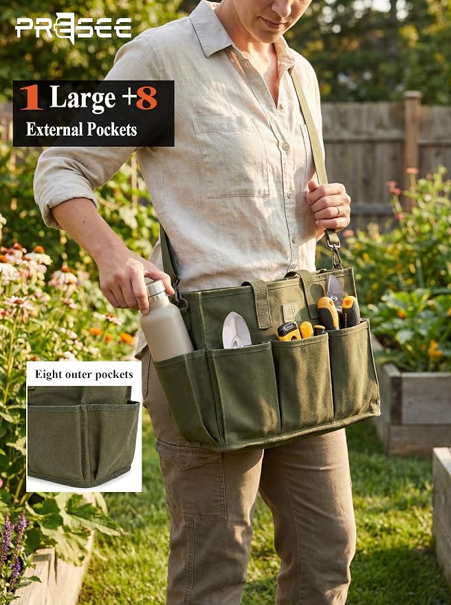 Portable Garden Tool Bag, Canvas Organizer with Adjustable Strap – Green