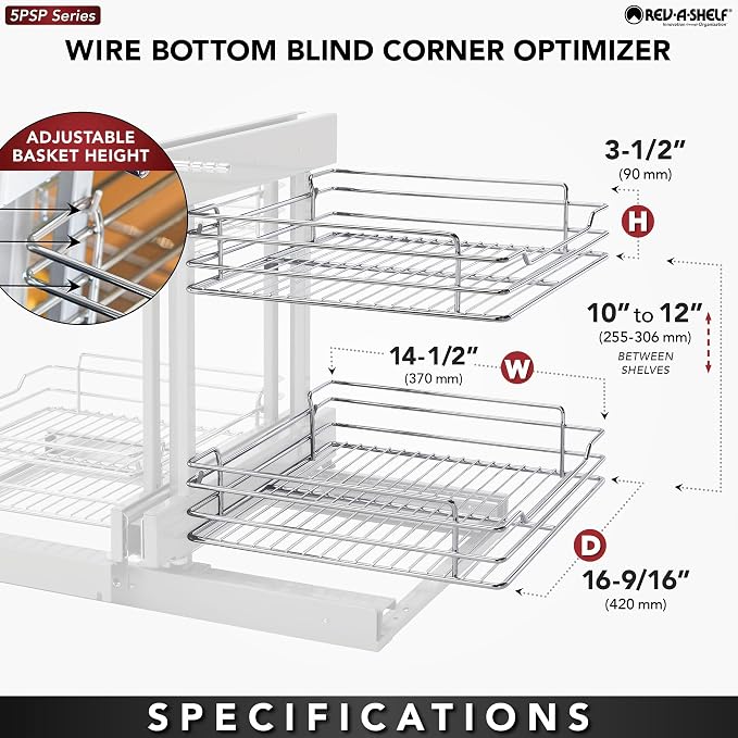 Rev-A-Shelf Chrome Two-Tier Wire Bottom Pullout Organizer with Soft-Close for Blind Corner Base Kitchen Cabinets, Adjustable 4-Basket Storage System, Min Opening Width of 18", 5PSP-18SC-CR