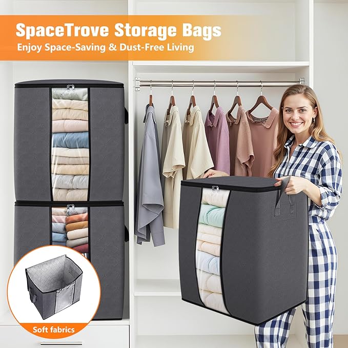 SpaceTrove Clothes Storage Bags, 8-Pack Comforter Blanket Organizers, 80L Large Capacity Containers with Visual Window for Clothing, Quilt, Sheet, Pillow, Closet Organization for Bedding (Grey)