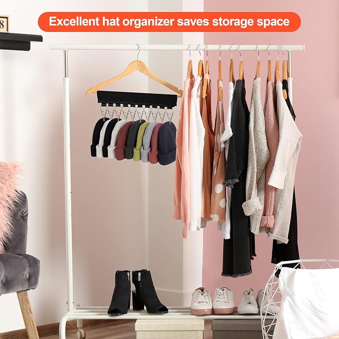 Hat Organizer Holder for Hanger & Room Closet, 1 Pack, Black | Hat Rack Storage Clips, for Hang Baseball Hats Rack, Ball Caps, Winter Beanie & Accessories, Not Including Hangers & Hats
