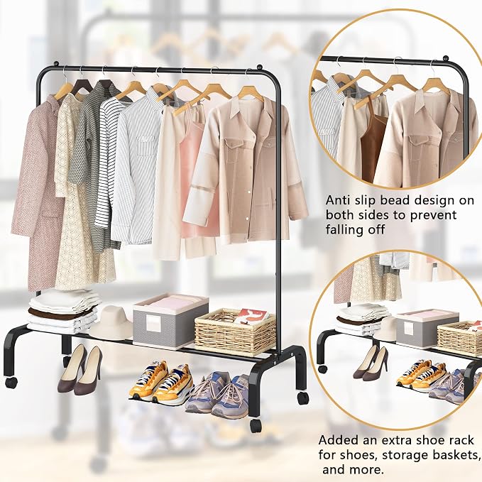 Rolling Clothes Rack Metal Clothing Rack with Wheels Garment Rack with Bottom Shelf for Hanging Clothes Shirts Jeans and Coats Black