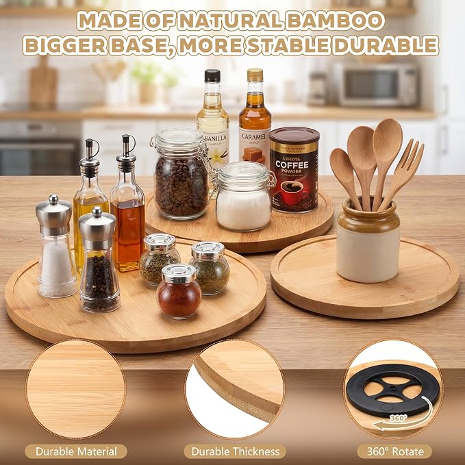 Novabright 3 Set 12'' 10'' 9'' Bamboo Lazy Susan Rotating Turntable Organizer Wooden 360 Degree Large Kitchen Tray for Counter Pantry Spice Pepper Olive Oil Table Organization and Storage