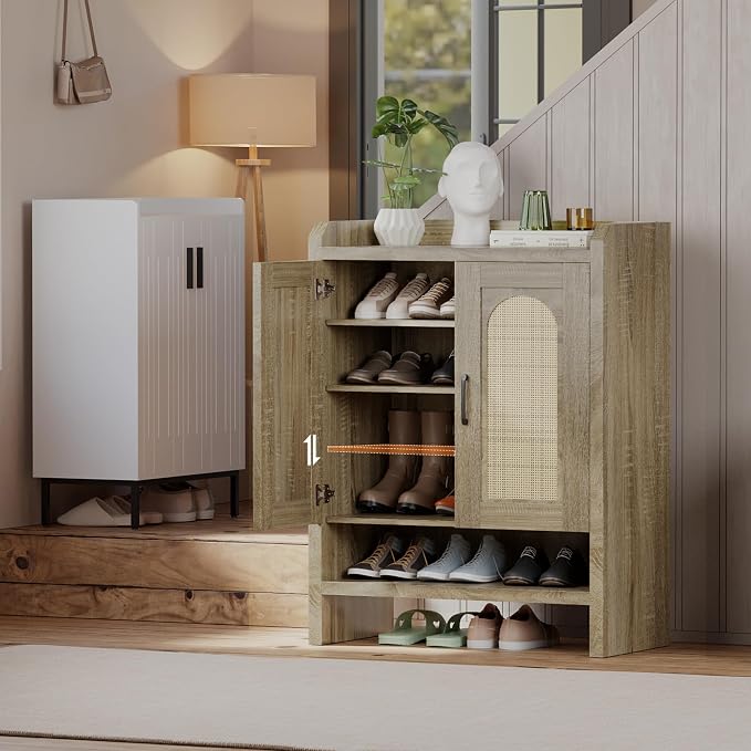 Mericonia 6-Tier Shoe Cabinet Storage for Entryway, Rattan Shoes Organizer Cabinets with Doors, Wooden Shoe Rack, Farmhouse Boho Wood Storage Cabinet (Natural, 6-Tier)