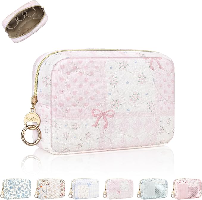 Quilted Small Makeup Bag, Multi Pockets Cosmetic Pouch, Heart Pink | Floral Travel Makeup Pouch, Make Up Pouch for Women, Purse Organizer Pouches for Travel/ Gym/ Daily Use, Perfect Gifts