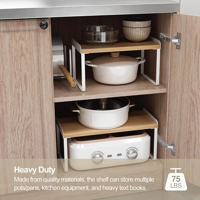 Mitus Shelf Organizer and Storage, Tiered Wood Cabinet Rack for The Kitchen Counter, Bathroom Counter, Pantry Cupboard, Office Desk Bookshelf, 12" Wide Natural and White (Large)
