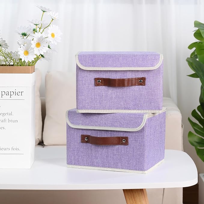 ANMINY 4PCS Storage Bin with Lid Storage Boxes with PU Leather Handles PP Plastic Board Decorative Foldable Lidded Cotton Linen Fabric Home Cubes Baskets Closet Organizer Container - Purple, Medium