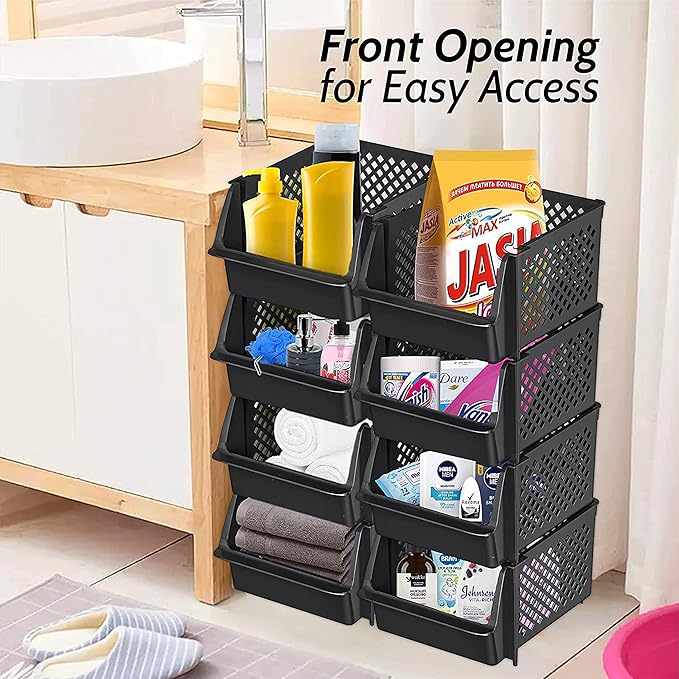 TidyFriend Stackable Storage Bins for Pantry - 8 Pack Stackable Bins for Organizing Food, Kitchen, and Bathroom Essentials (Black)