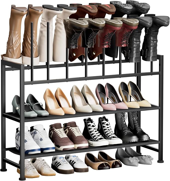 DIMJ Boot Rack 4-Tier - Black Metal Boot Storage Rack for Tall Boots Organizer Tall Boots, Multiuse Shoe Rack for Boots, Sneakers, High-Heel, Entryway, Fit for 8 Pairs, Black