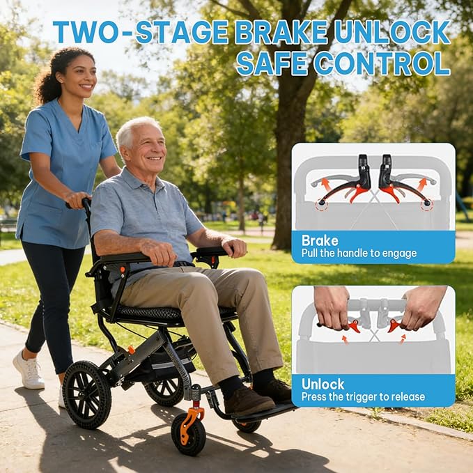 Carbon Fiber–Coated Wheelchairs for Adults, Transport Wheelchair Lightweight Foldable with Pull Rod, 10" Honeycomb Wheels, 16.2" Seat Width, 220 LBS Capacity, Includes Storage Bag
